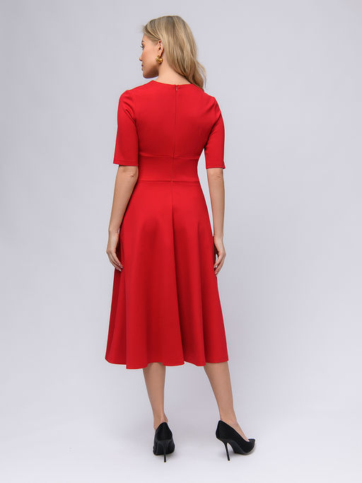 Платье красное длины миди с глубоким вырезом и рукавами 1/2 - 1001dress фото 3
