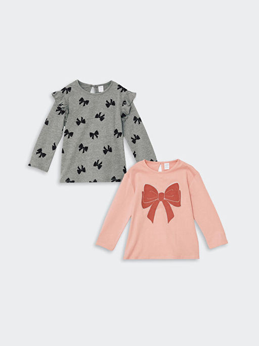 Bisiklet Yaka Bask?l? K?z ?ocuk Ti??rt 2li