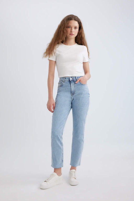 Джинсовые брюки прямого кроя Mary Vintage длиной до щиколотки с высокой талией и потертостями - Defacto фото 5