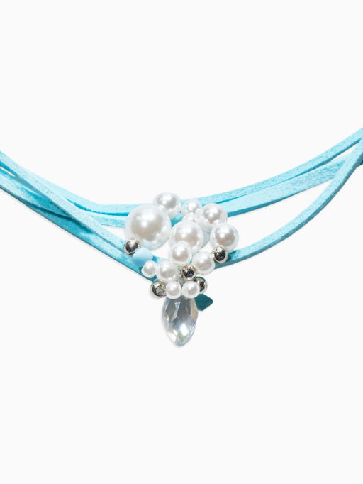 Чокер на нити с кулоном "Жемчуг с кристаллом" L=150см, цвет бело-голубой в серебре