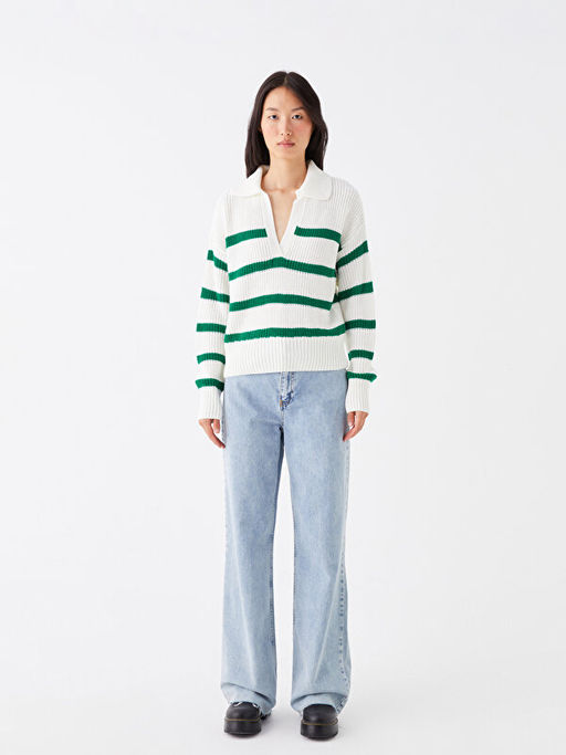 Polo Yaka ?izgili Uzun Kollu Kad?n Triko Kazak