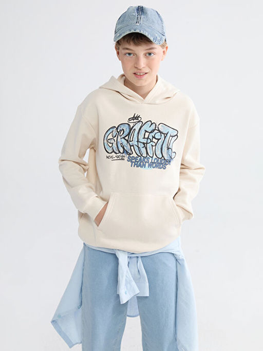 Kap??onlu Bask?l? Erkek ?ocuk Sweatshirt