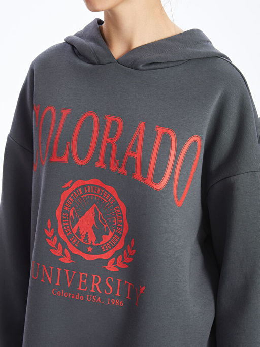 Kap??onlu Bask?l? Oversize Kad?n Kal?n Sweatshirt Tunik