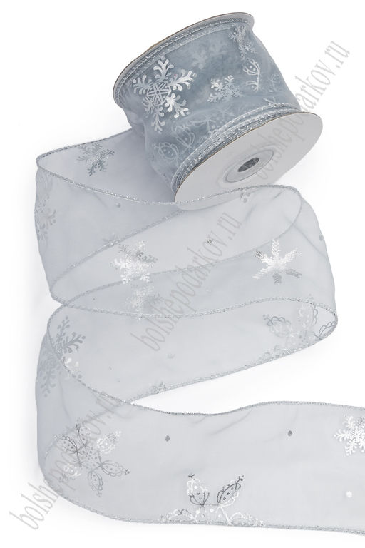 Лента органза с декоративным швом "Снежинки" 6 см*10 ярд (SF-7333) серый №1001