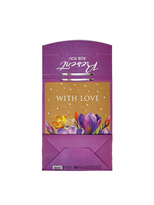 Пакет с клапаном Подарок, цветы, крафт, глиттер, 19.5?10?25 см