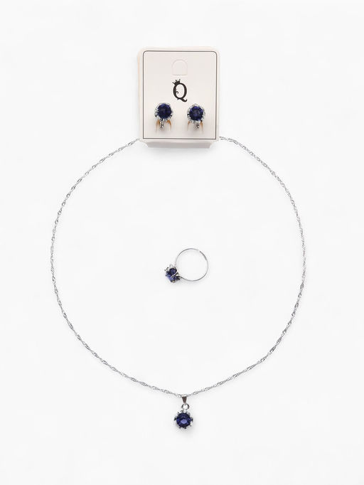 Гарнитур 3 предмета: серьги, кулон, кольцо безразмерное Эдель цветы, цвет синий в серебре, 50 см