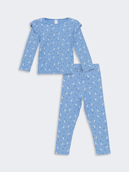 Bisiklet Yaka ?i?ekli K?z ?ocuk Bluz ve Tayt 2li