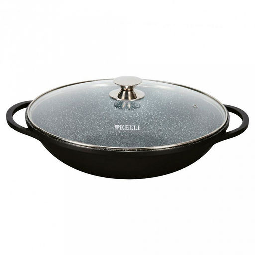 Сковорода с антипригарным покытием "Kelli" 5л, д32см, мраморное покрытие, жаропрочная стеклянная крышка с паровыпуском (Китай) Подходит для всех видов плит.