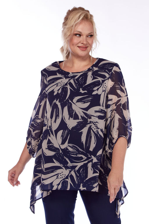 Костюм Элль стиль 2263/7 темно-синий/принт листья  фото 2