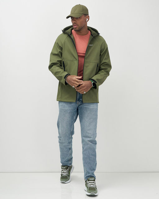 Ветровка спортивная мужская с капюшоном softshell цвета хаки 9563Kh