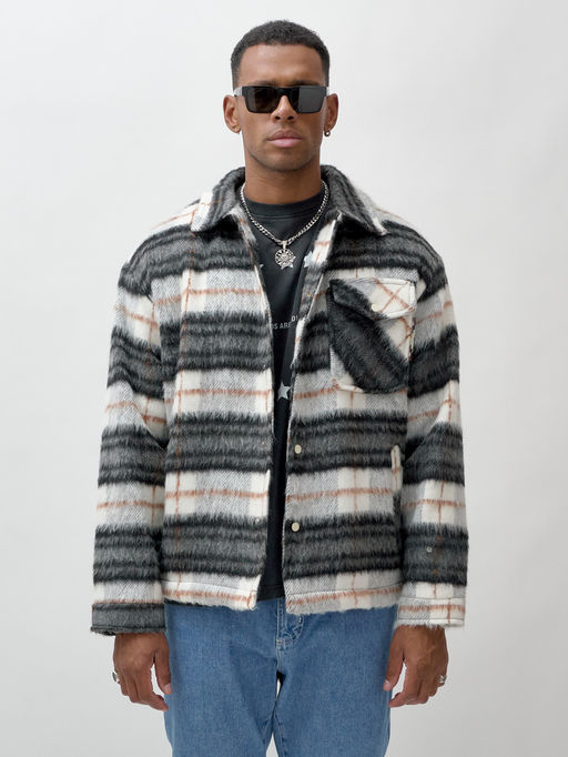 Куртка рубашка шерстяная в клетку мужская демисезонная темно-серого цвета 58565TC