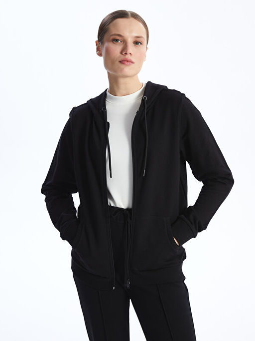 Kap??onlu D?z Uzun Kollu Kad?n Fermuarl? Sweatshirt