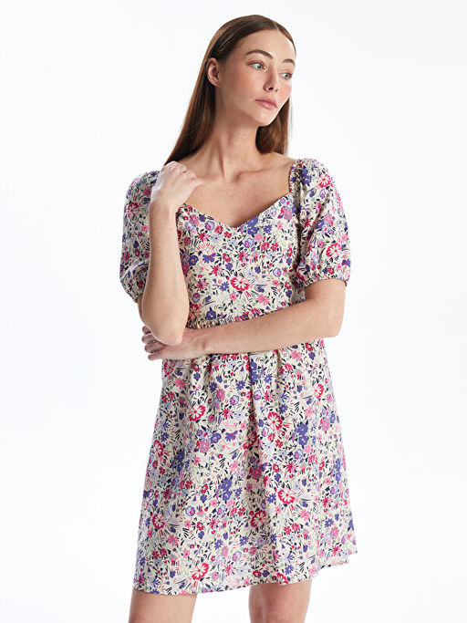 Kare Yaka ?i?ekli K?sa Kollu Elbise