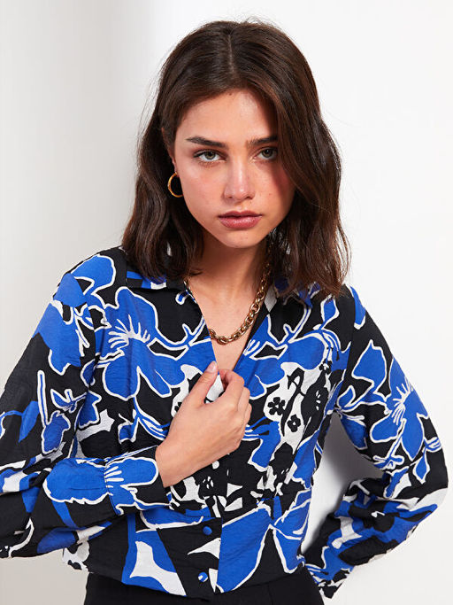 G?mlek Yaka Desenli Uzun Kollu Kad?n Bluz