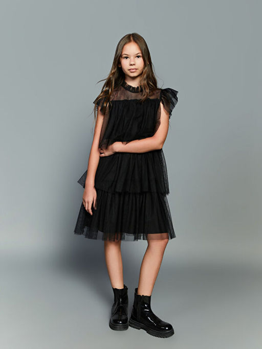 Bisiklet Yaka KatKat K?z ?ocuk T?l Elbise