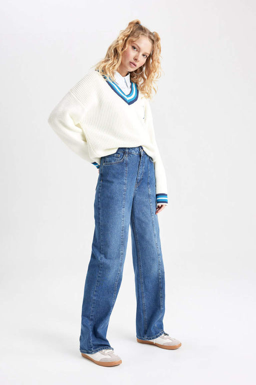 Широкие длинные джинсовые брюки с высокой талией в стиле 90-х - Defacto фото 4