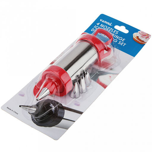 Кондитерский шприц Крем-чиз 19х6,3х6,3см, нержавеющая сталь; насадка для крема - 4 штуки, нержавеющая сталь; лопатка 18,7см, пластик; цвет - красный, в блистере (Китай) - Домашняя мода фото 2