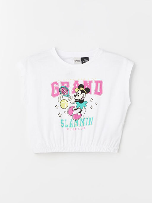 Bisiklet Yaka Minnie Mouse Bask?l? K?sa Kollu K?z ?ocuk Crop Ti??rt