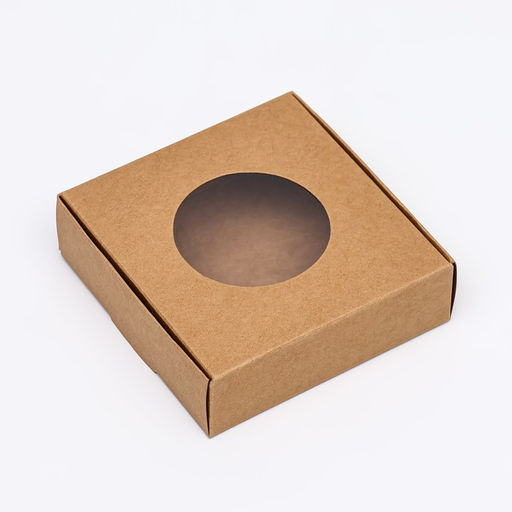 Цена за 5 шт. Коробка самосборная, крафт, с круглым окном, 10×10×3 см