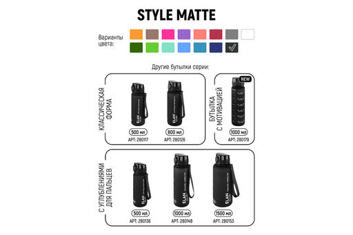 Бутылка для воды 500 мл 6,5*6,5*23 см "Style Matte" с углублениями д/пальцев, черная