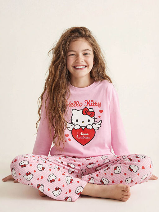 Bisiklet Yaka Hello Kitty Bask?l? K?z ?ocuk Pijama Tak?m?