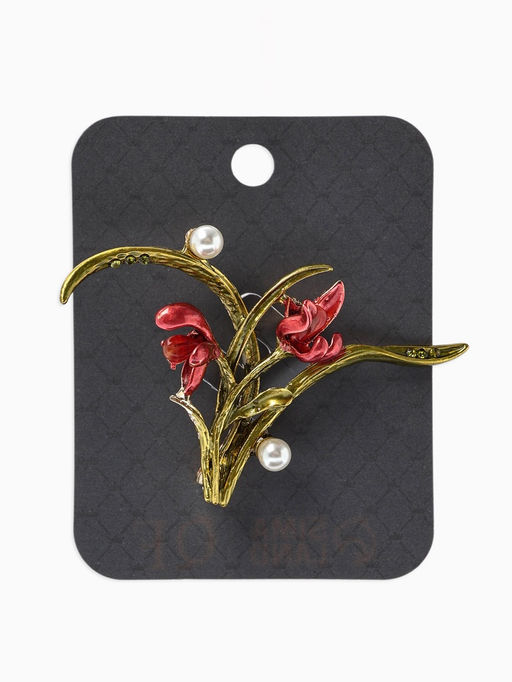 Брошь «Цветы» ирисы, жемчуг, цвет красно-зелёный