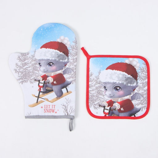 Набор кух. Этель Новогодние забавы: прихватка 19х19 см, варежка-прихватка 20х28 см, 100% х  фото 2