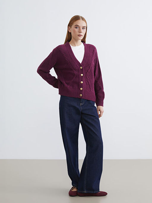 V Yaka Kendinden Desenli Kad?n Triko H?rka