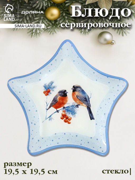 Блюдо новогоднее сервировочное Доляна Снегири на ветке, d=19.5 см, стекло, голубое