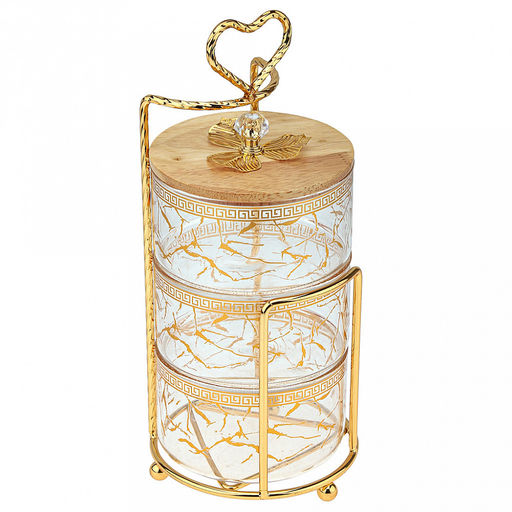 Блюдо-этажерка (конфетница, набор для холодца) стеклянное3-х секционное, 1 секция - 500мл д10,9см h6,3см, прозрачное стекло с деколью, одна бамбуковая крышка, ручка-кнопка "кристалл" с металлическим декором, металлическая подставка с ручкой, на ножка