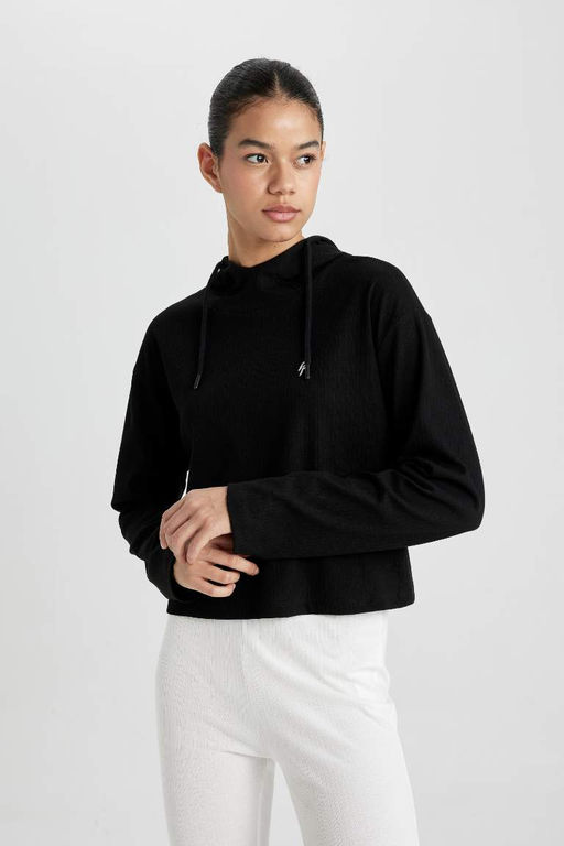 DeFactoFit Футболка стандартного кроя с капюшоном и вышивкой в рубчик с длинными рукавами  фото 3