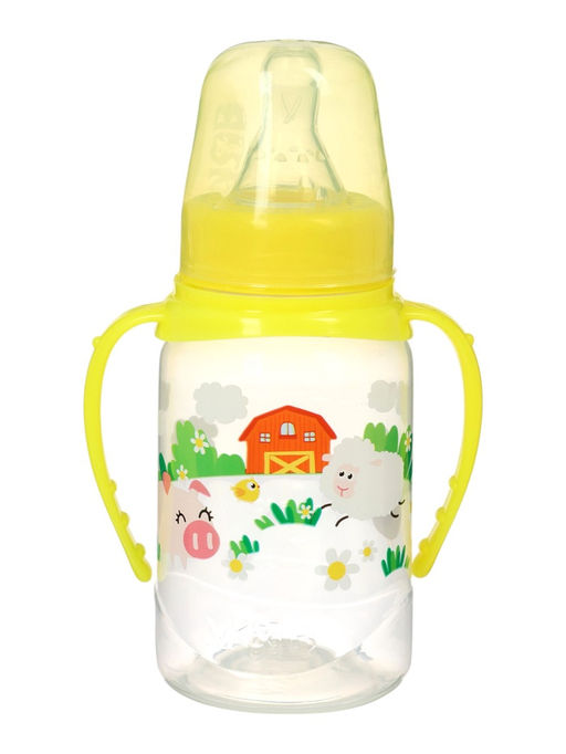 Бутылочка для кормления M&B «Весёлая ферма», классическое горло, с ручками, от 0 мес., 150 мл., жёлтый