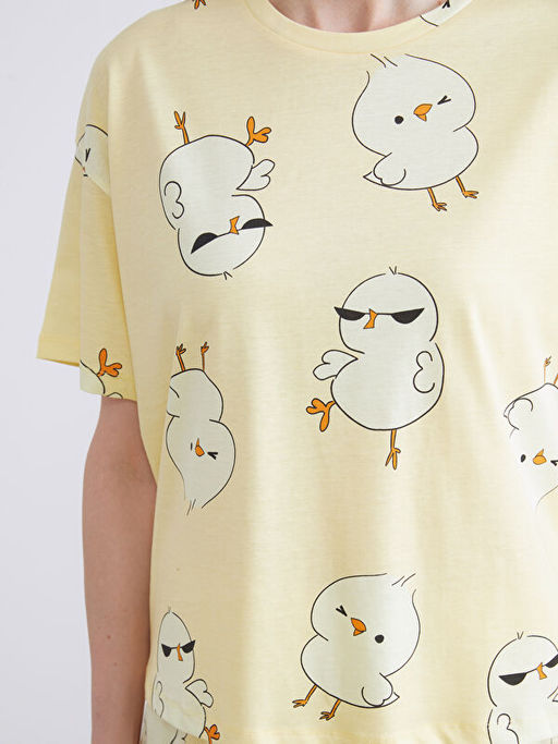 Bisiklet Yaka Bask?l? Kad?n ?ortlu Pijama Tak?m?