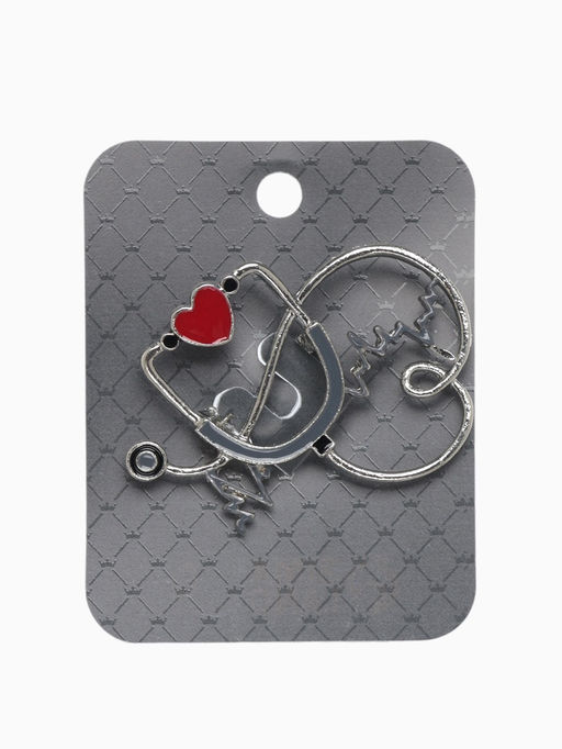 Брошь «Стетоскоп» кардиограмма, цвет красно-серый в серебре