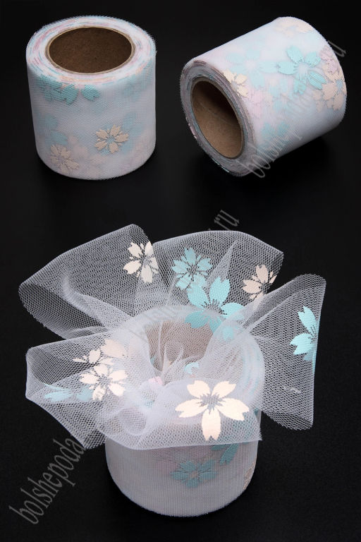 Фатин Цветочки 5,5 см*15 ярд (SF-6042) белый №1А