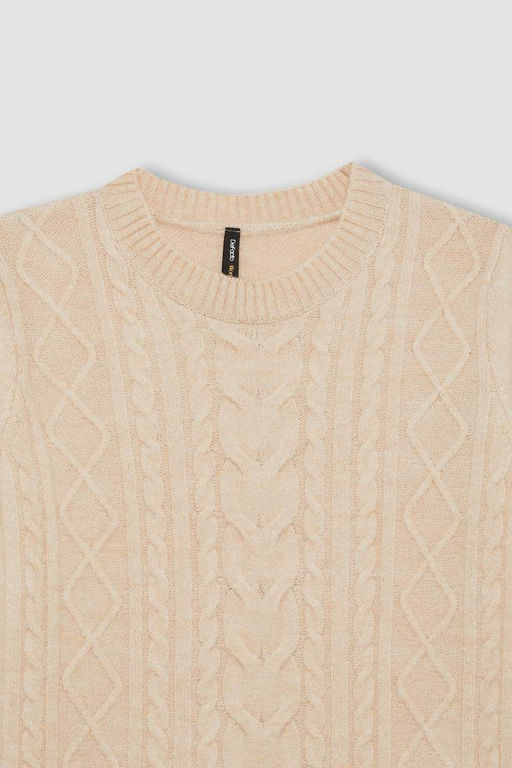 Женский плетеный трикотажный свитер обычного кроя с круглым вырезом и волосами - Defacto фото 2