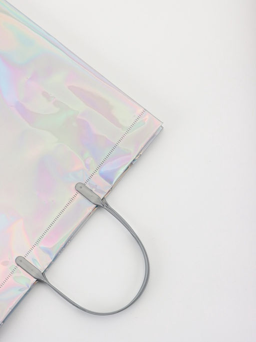 Пакет подарочный ПВХ, голография, серебро, пластикова ручка, 32×28×11 см