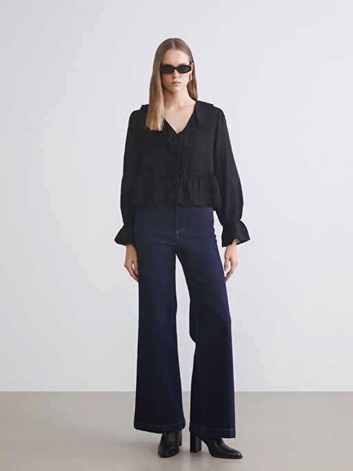 V Yaka Desenli F?rf?rl? Bluz