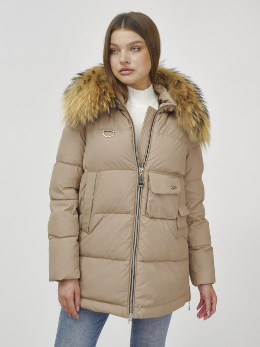 Куртка Бренд Visdeer ПРЕМИУМ КЛАССА зимняя с мехом ЕНОТА, бежевого цвета  фото 13