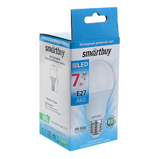 Цена за 2 шт. Лампа светодиодная Smartbuy, E27, А60, 7 Вт, 6000К, холодный белый свет