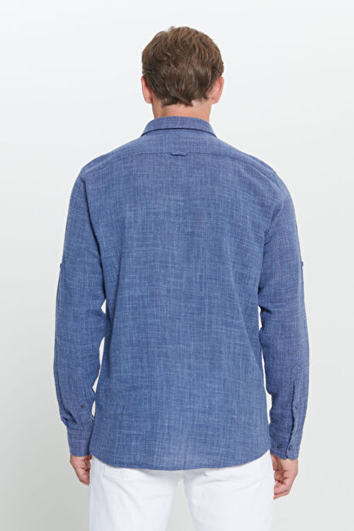 Slim Fit Dar Kesim %100 Pamuk D__meli Yaka Lacivert G_mlek YDA202420011LAC