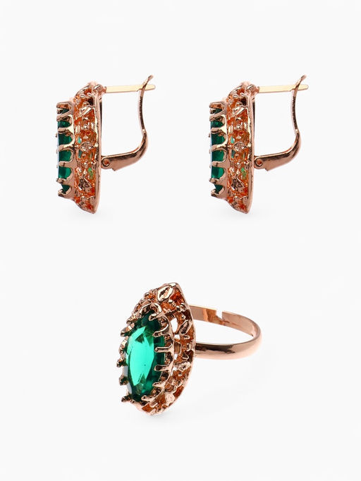 Гарнитур 3 предмета: серьги, кулон, кольцо безразмерное Эдель овал вытянутый, цвет зелёный в золоте, 45 см