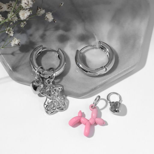 Серьги со съёмным элементом Трансформер мишка, цвет розовый в серебре - Qf фото 2