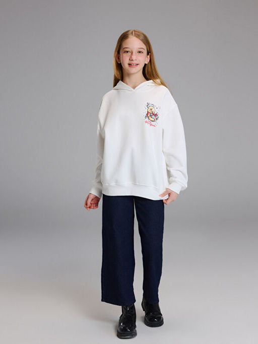 Kap??onlu Winnie the Pooh Bask?l? K?z ?ocuk Kal?n Sweatshirt