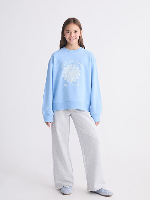 Bisiklet Yaka Bask?l? K?z ?ocuk Sweatshirt