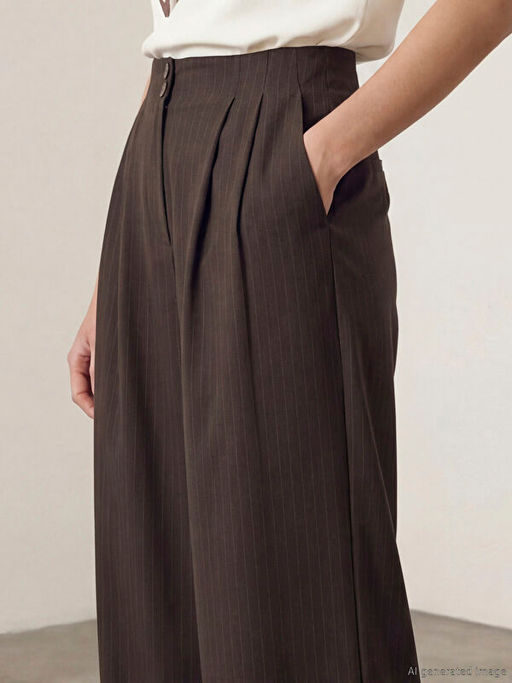 Y?ksek Bel Geni? Pa?a Pileli Kad?n Kuma? Pantolon