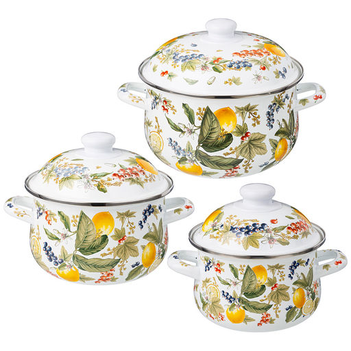 НАБОР КАСТРЮЛЬ AGNESS ЭМАЛИРОВАННЫХ СЕРИЯ ФРУКТОВАЯ КОРЗИНА, 6ПР. 1,5/2,8/3,6Л,16Х10/20Х12/22Х13СМ