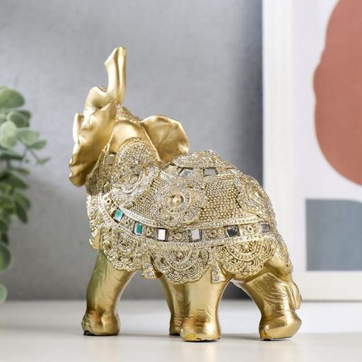 Фигурка полистоун «Золотой слон с попоной из бисера с колокольчиками», 15×14.5×7.7 см, МИКС