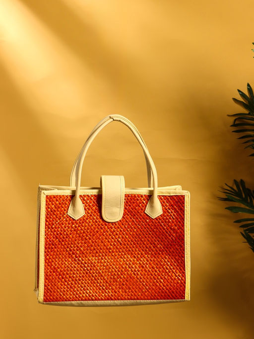 Сумка плетёная на застёжке из пандана, 35×12×40 см, бежево-оранжевая