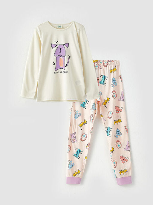 Bisiklet Yaka Bask?l? Uzun Kollu K?z ?ocuk Pijama Tak?m?
